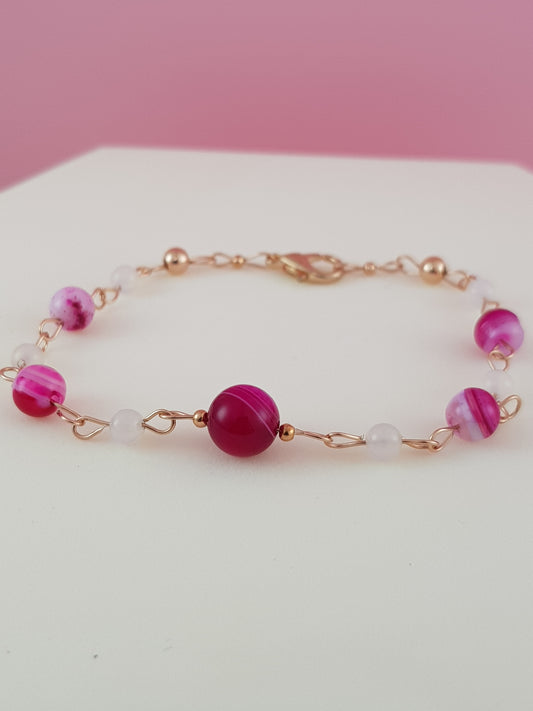 Bracelet agate fushia argent 925 plaque or rose
