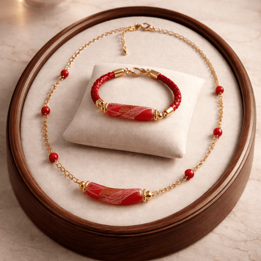Parure Acier Verre Murano Rubis + agate rouge - Bijou Vénitien Artisanal