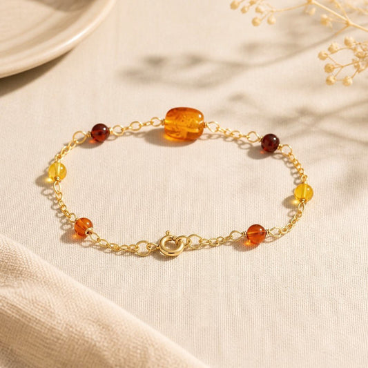 Bracelet Ambre Argent 925 plaqué or 1 micron- Pierre Naturelle