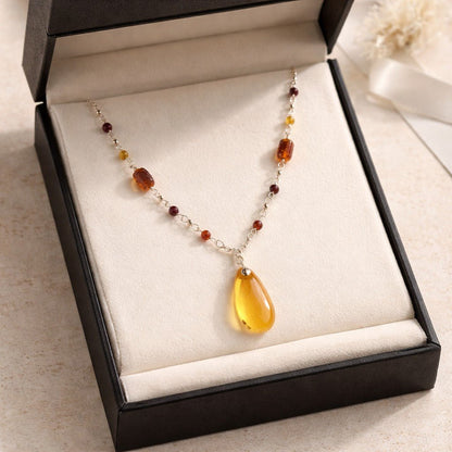 Pendentif Ambre Gouttelette Argent 925 - Résine Naturelle Fossile