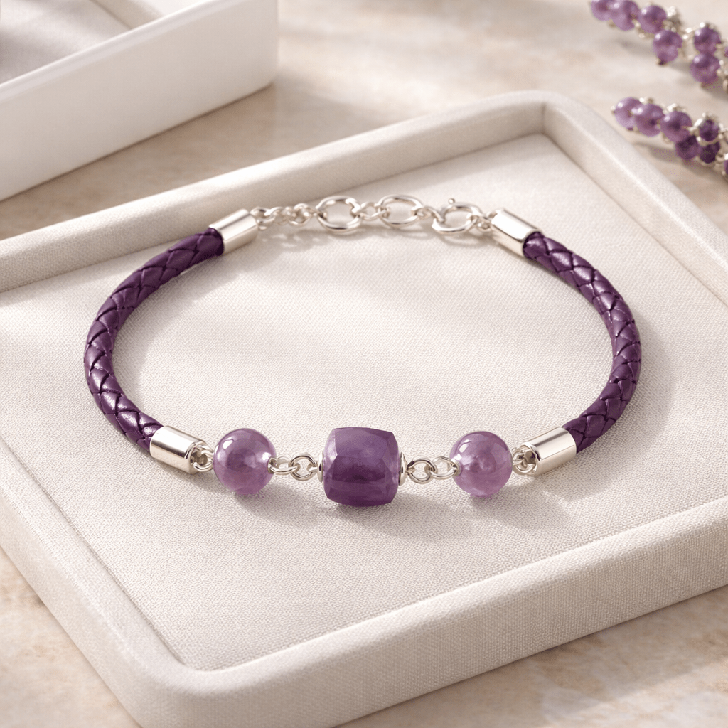 Bracelet Améthyste Argent 925 simili cuir
