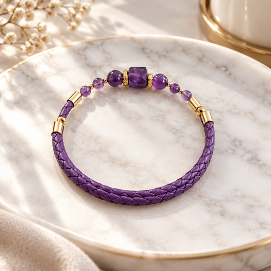 Bracelet Améthyste Argent doré simili cuir