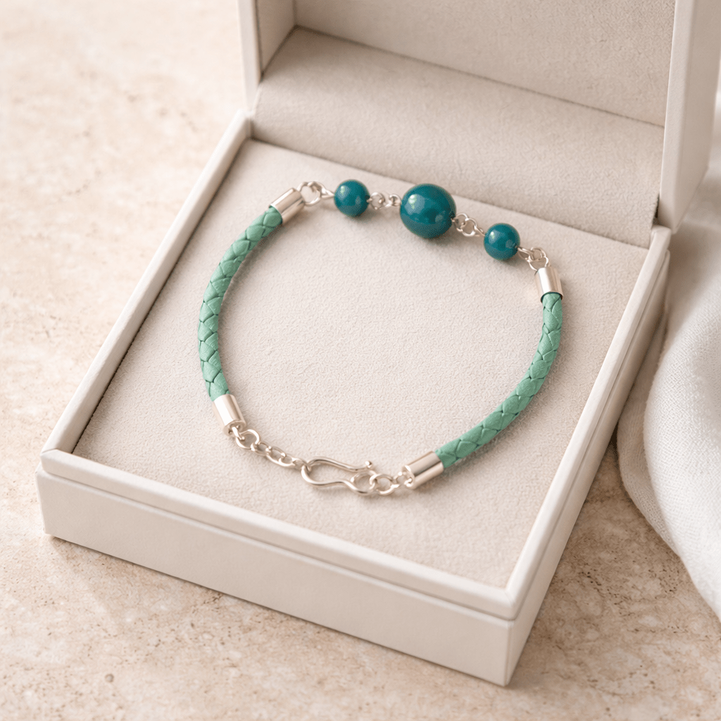 Bracelet Apatite Bleue Argent 925 simili cuir