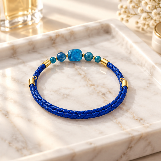 Bracelet Apatite Bleue Argent doré simili cuir