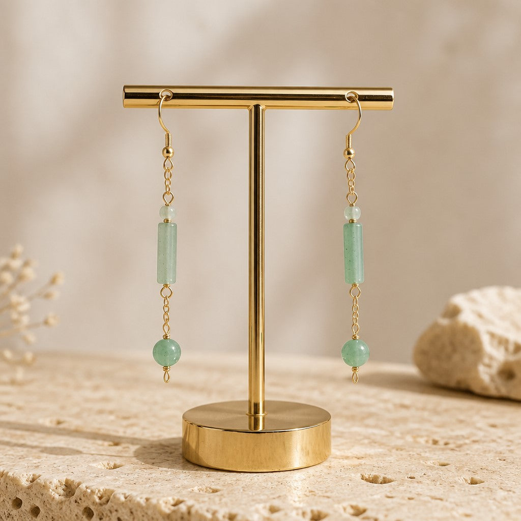 Boucles d'Oreilles Aventurine - Argent 925 Plaqué Or 1 Micron