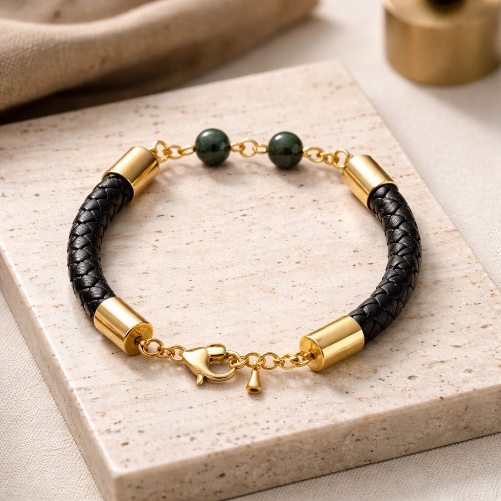 Bracelet Azurite & Simili Cuir 6 mm | Bijou Artisanal Acier Inoxydable