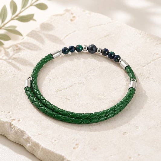 Bracelet Azurite & Simili Cuir 3 mm | Bijou Artisanal Acier Inoxydable