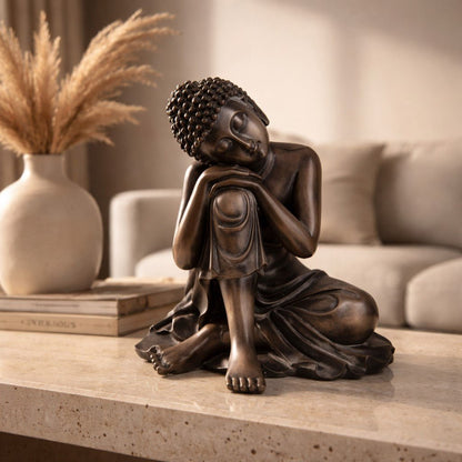 Bouddha Thaï Effet Bois - Tête sur Genou - Méditation Profonde