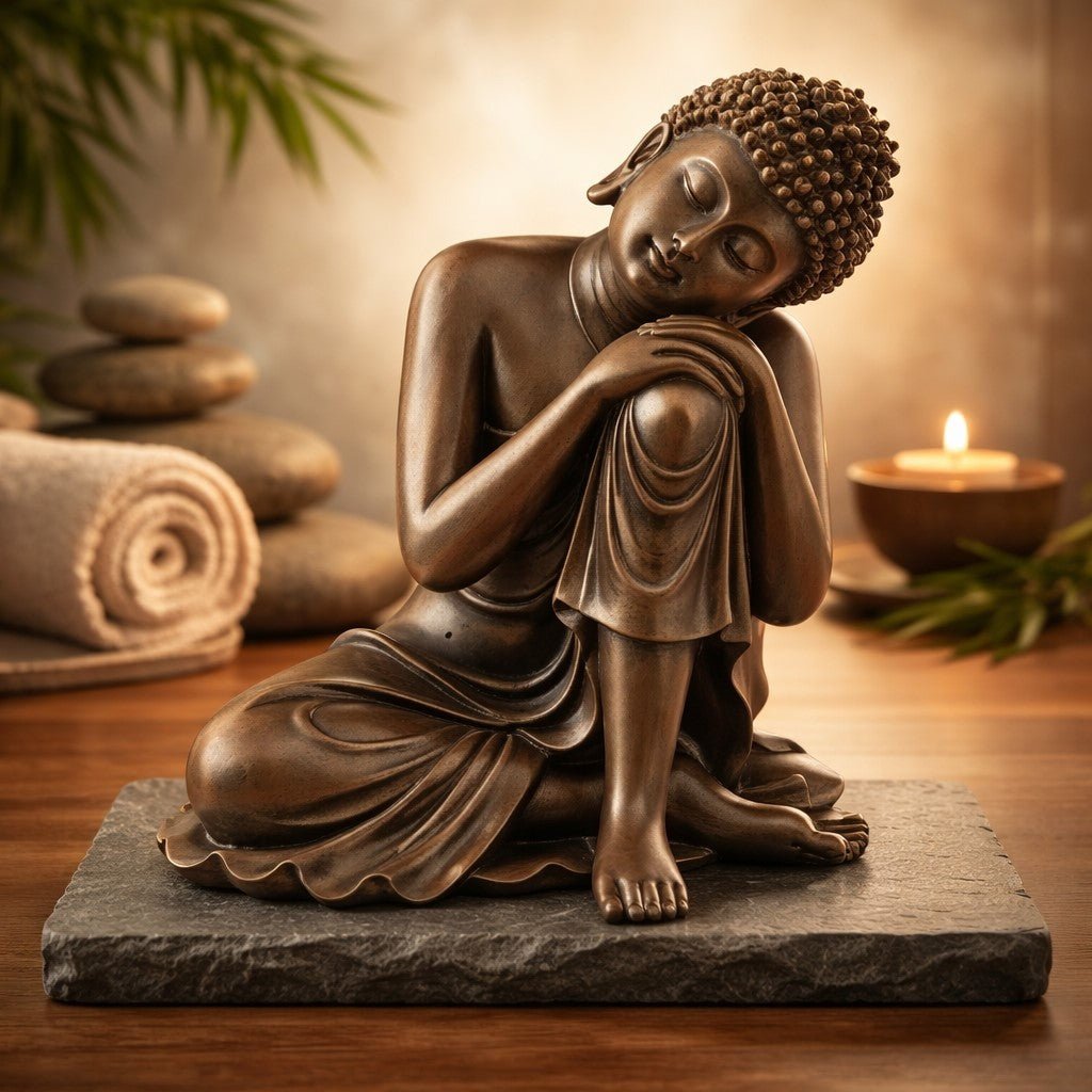 Bouddha Thaï Effet Bois - Tête sur Genou - Méditation Profonde