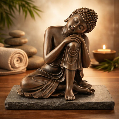 Bouddha Thaï Effet Bois - Tête sur Genou - Méditation Profonde