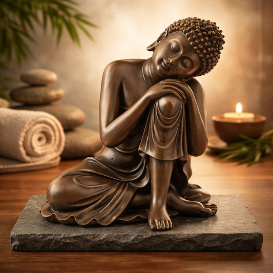 Bouddha Thaï Effet Bois - Tête sur Genou - Méditation Profonde
