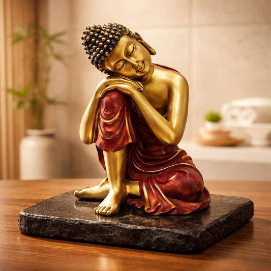 Bouddha Thaï Rouge et Or - Tête sur Genou - Contemplation Sacrée