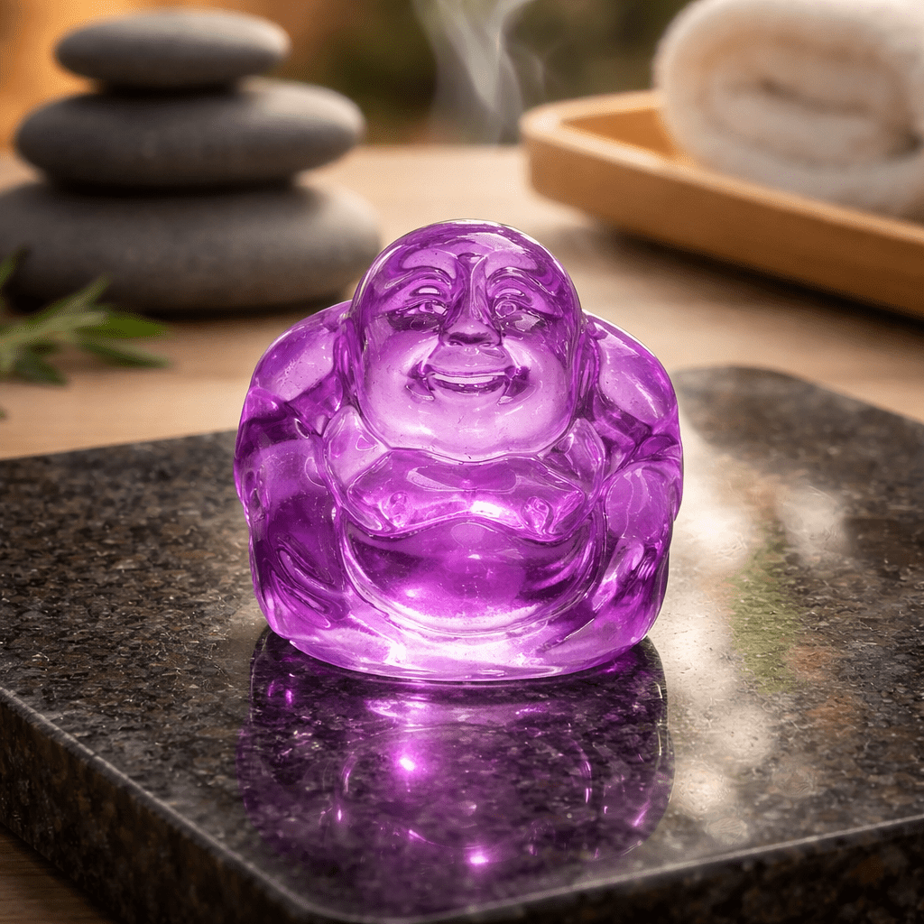 Bouddha en Verre Violet - Porte-Bonheur Spirituel