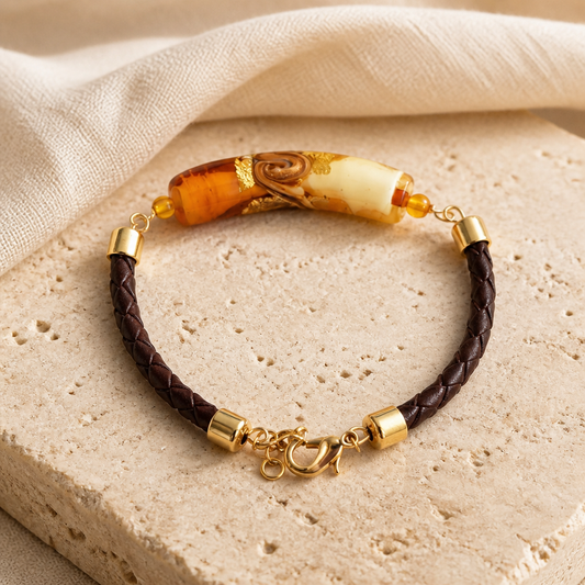 Bracelet Acier Verre Murano Ocre + pierres ambre- Bijou Vénitien Abordable