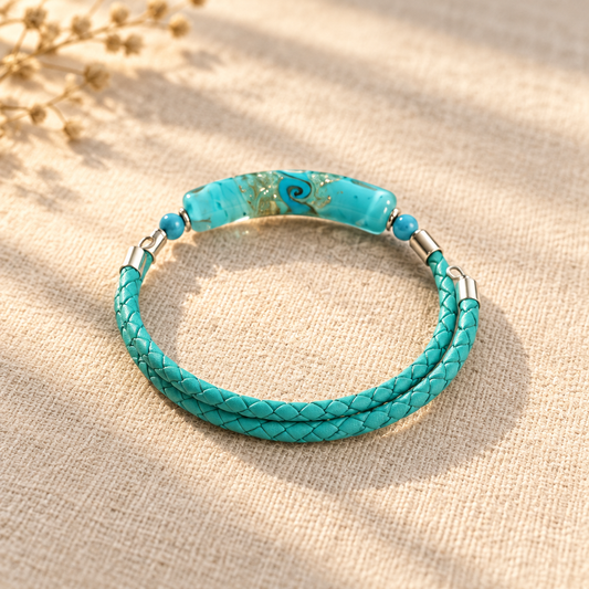 Bracelet Argent 925 Verre Murano Ciel simili cuir + larimar Bijou Vénitien Artisanal