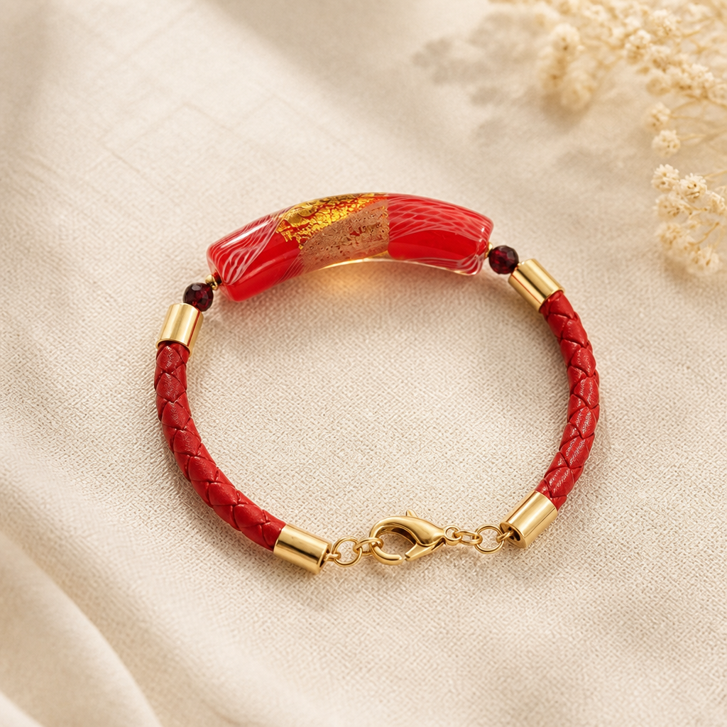 Bracelet Acier Verre Murano Rubis + grenat - Bijou Vénitien Artisanal