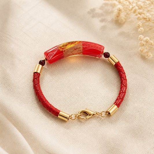 Bracelet Acier Verre Murano Rubis + grenat - Bijou Vénitien Artisanal