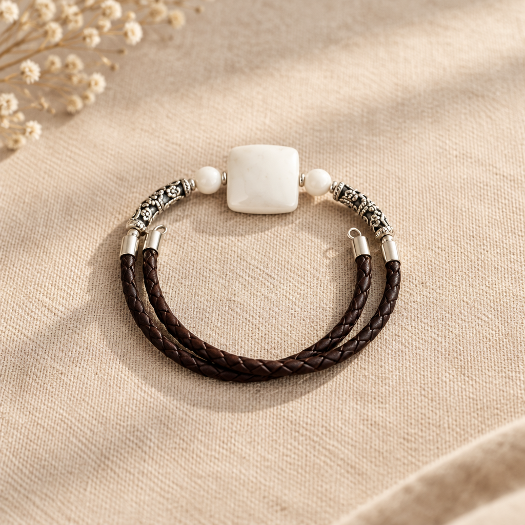 Bracelet Argent 925 Verre Murano + nacre + perles tibétaines antique simili cuir Bijou Vénitien Artisanal