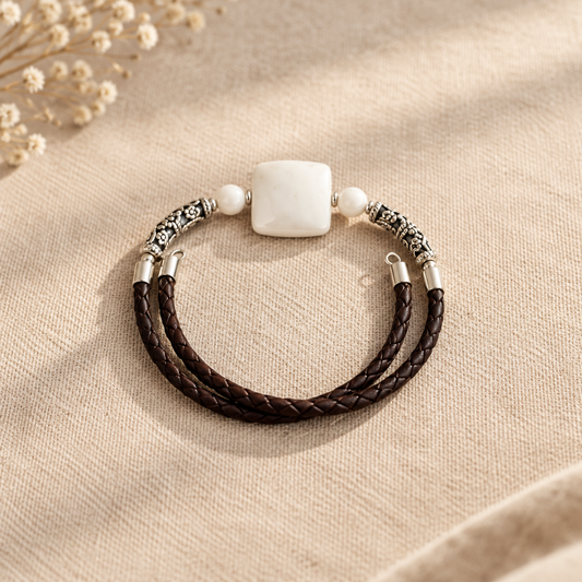 Bracelet Argent 925 Verre Murano + nacre + perles tibétaines antique simili cuir Bijou Vénitien Artisanal