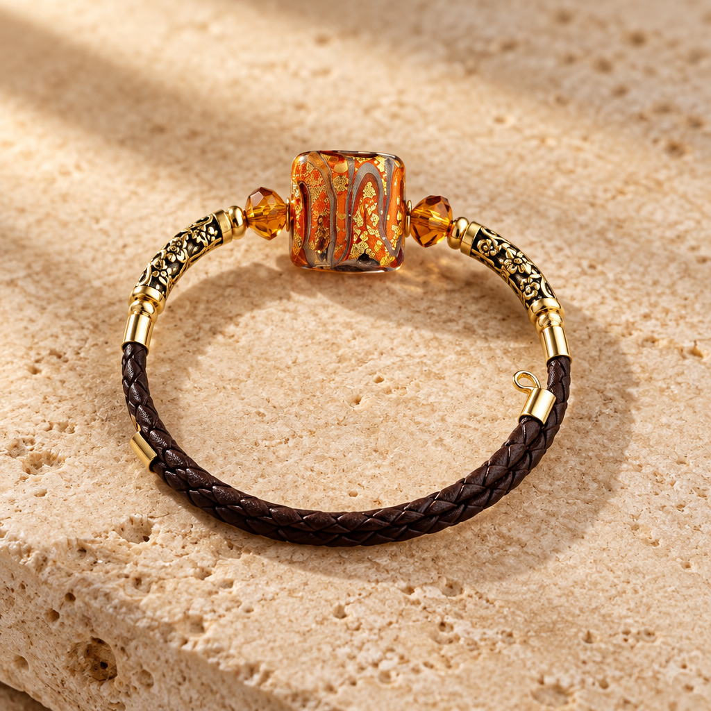 Bracelet Argent doré Verre Murano orange + perles tibétaines antique simili cuir Bijou Vénitien Artisanal