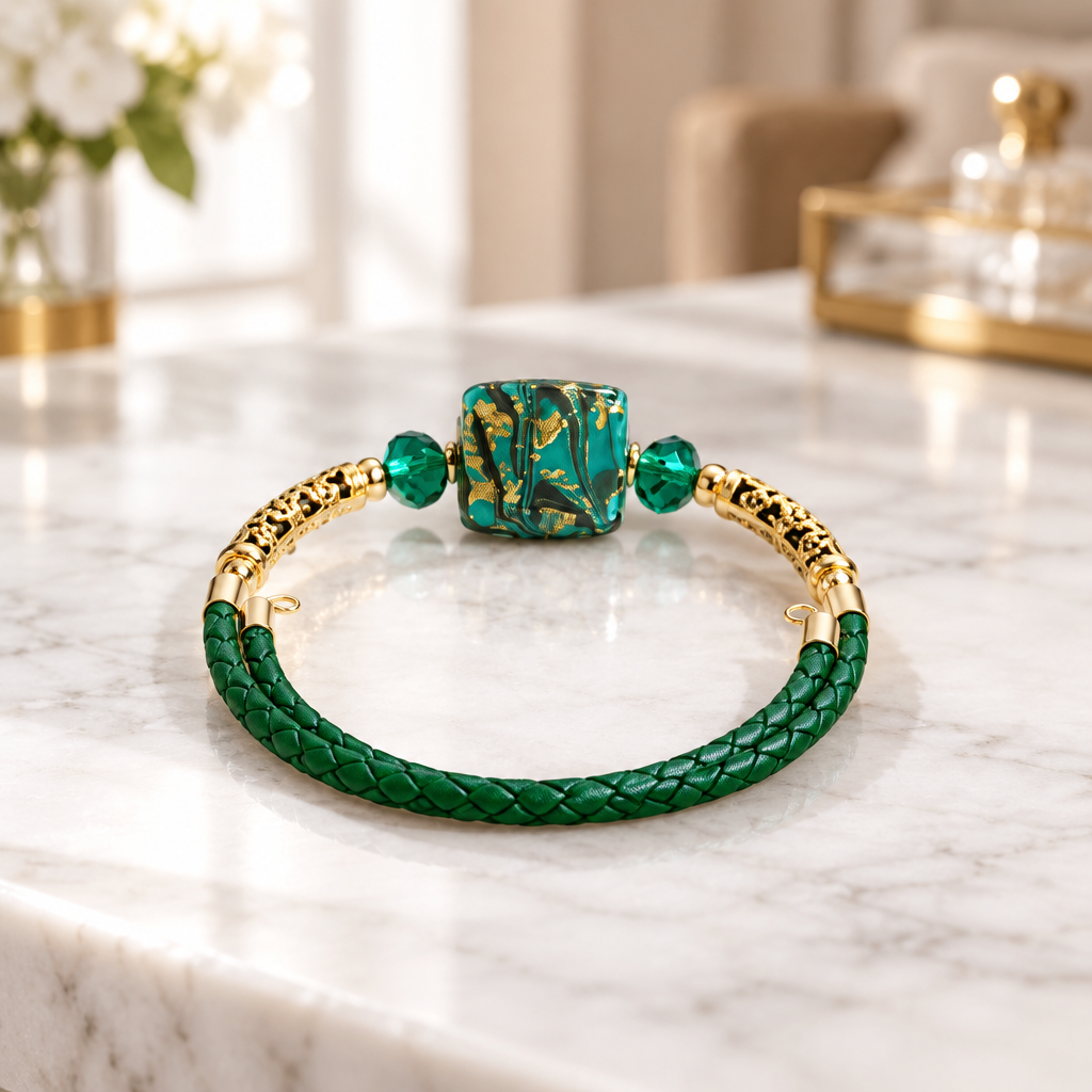Bracelet Argent doré Verre Murano vert + perles tibétaines antique simili cuir Bijou Vénitien Artisanal