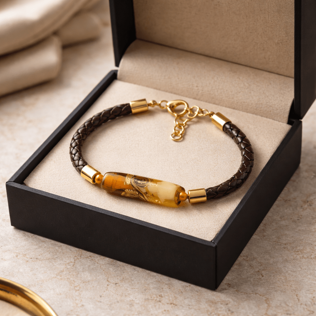 Bracelet Acier Verre Murano Ocre + pierres ambre- Bijou Vénitien Abordable