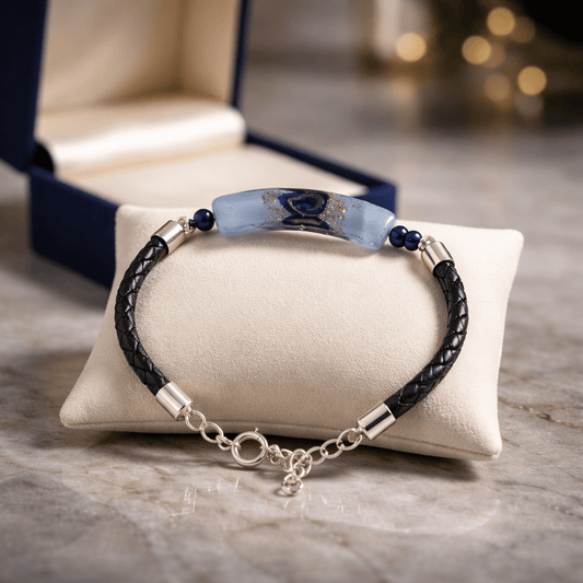 Bracelet Argent 925 Verre Murano lapis lazuli simili cuir Bijou Vénitien Artisanal