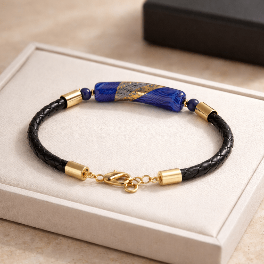 Bracelet Acier Verre Murano Bleu Nuit + sodalite - Collier Vénitien Certifié