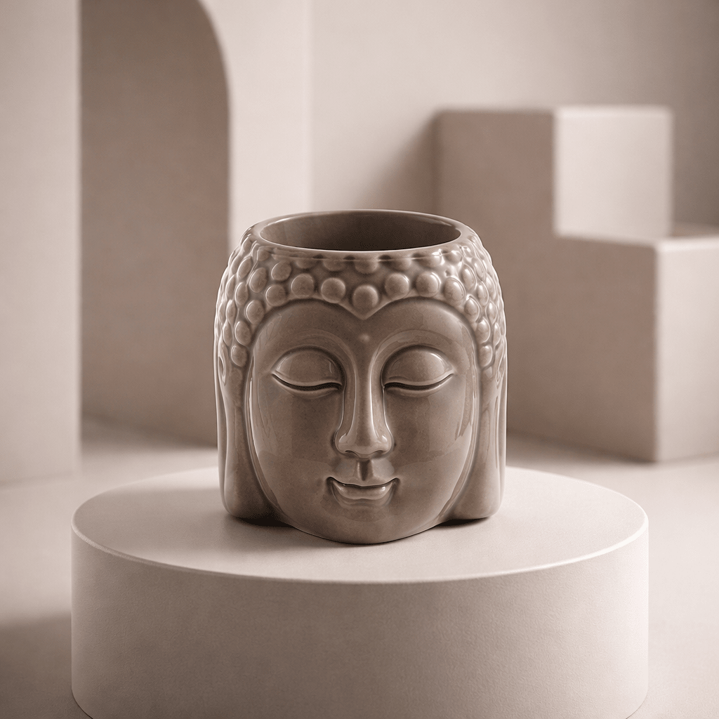 Brûleur à Huile Tête de Bouddha Taupe - Élégance Naturelle et Spiritualité