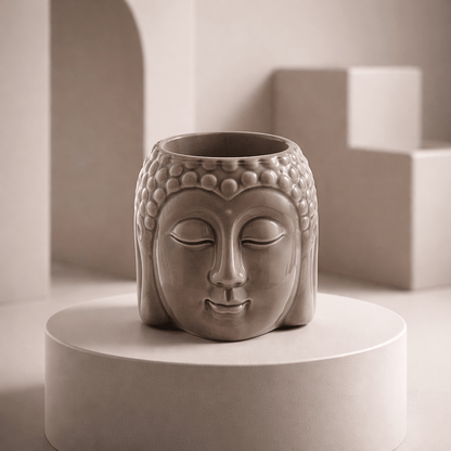 Brûleur à Huile Tête de Bouddha Taupe - Élégance Naturelle et Spiritualité