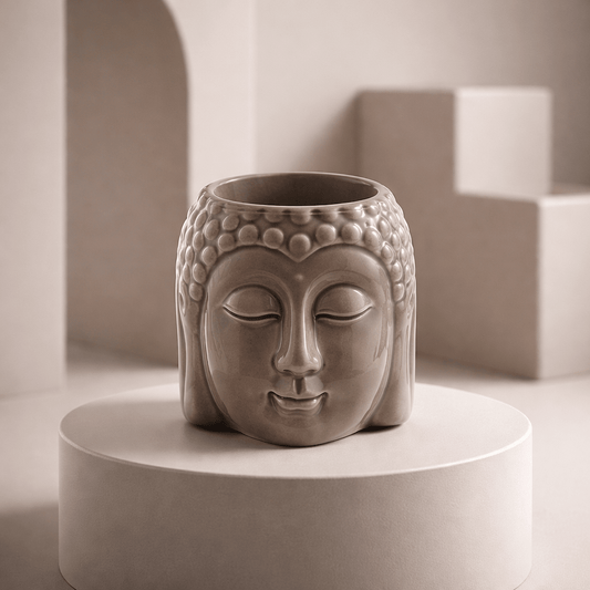 Brûleur à Huile Tête de Bouddha Taupe - Élégance Naturelle et Spiritualité