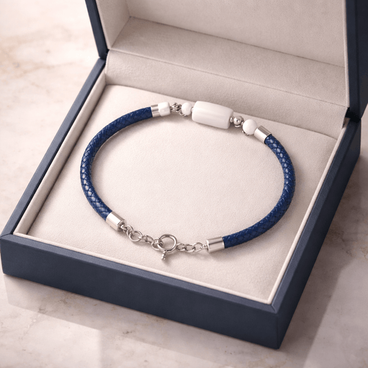 Bracelet Calcédoine bleue Argent 925 simili cuir