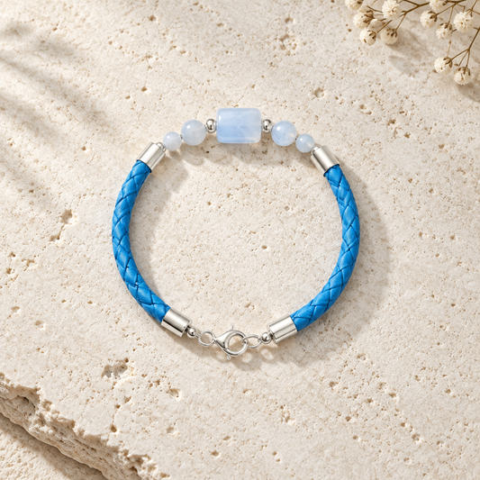 Bracelet Calcédoine bleue Argent 925 simili cuir