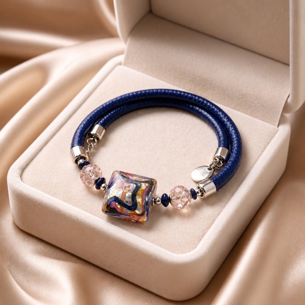Bracelet Murano Carré Bleu Rose - Verre de Venise Certifié