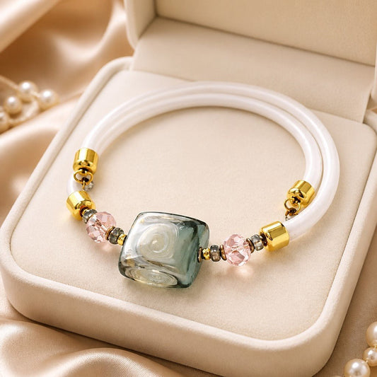 Bracelet Murano Carré Tendresse Blanc Rose - Romantisme Vénitien