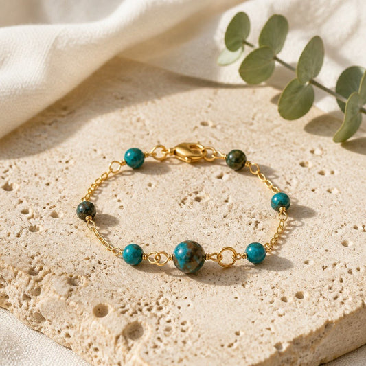 Bracelet Chrysocolle Argent 925  plaque or 1 micron - Pierre Naturelle