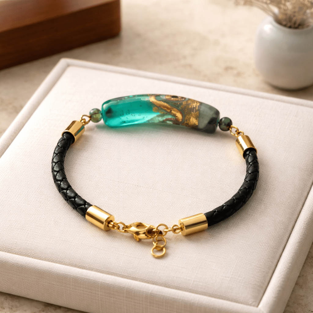 Bracelet Acier Verre Murano + Émeraude - Bijou Vénitien Artisanal