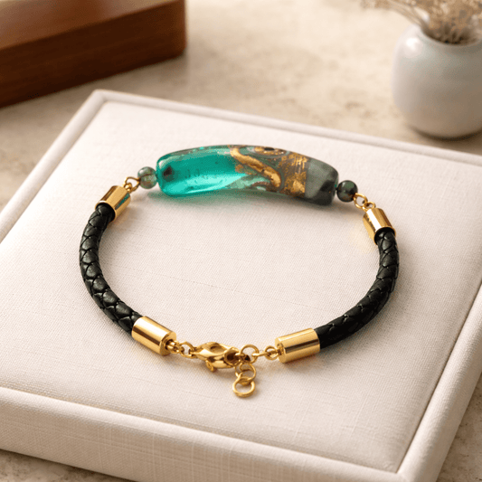 Bracelet Acier Verre Murano + Émeraude - Bijou Vénitien Artisanal