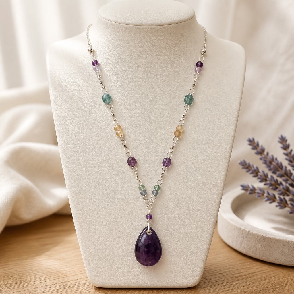 Pendentif Fluorite Arc-en-Ciel Goutte Argent 925 - Pierre d'Intuition