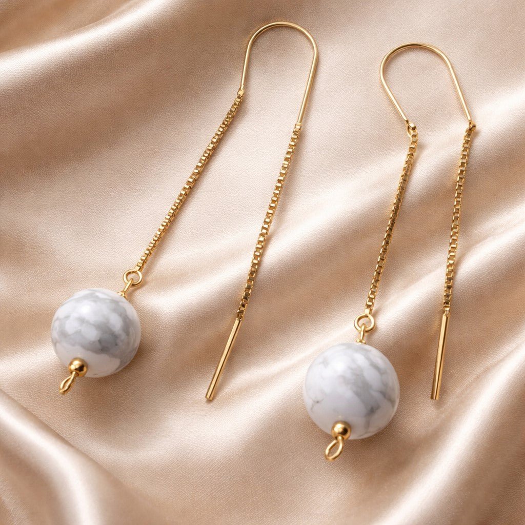 Boucles d'Oreilles Howlite - Argent 925 Plaqué Or 1 Micron