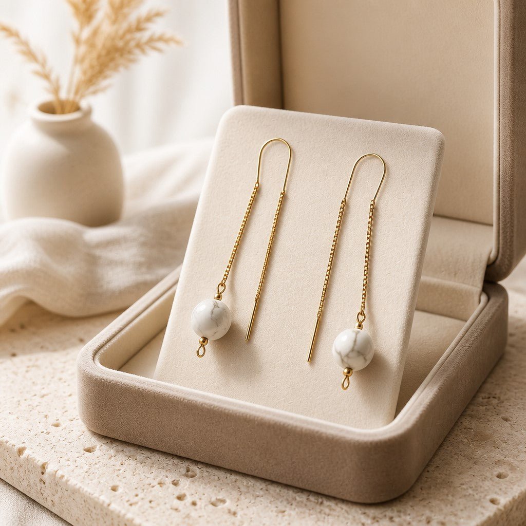 Boucles d'Oreilles Howlite - Argent 925 Plaqué Or 1 Micron