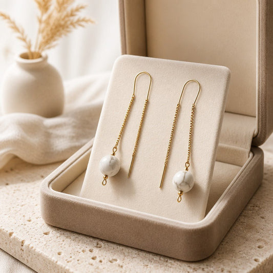 Boucles d'Oreilles Howlite - Argent 925 Plaqué Or 1 Micron
