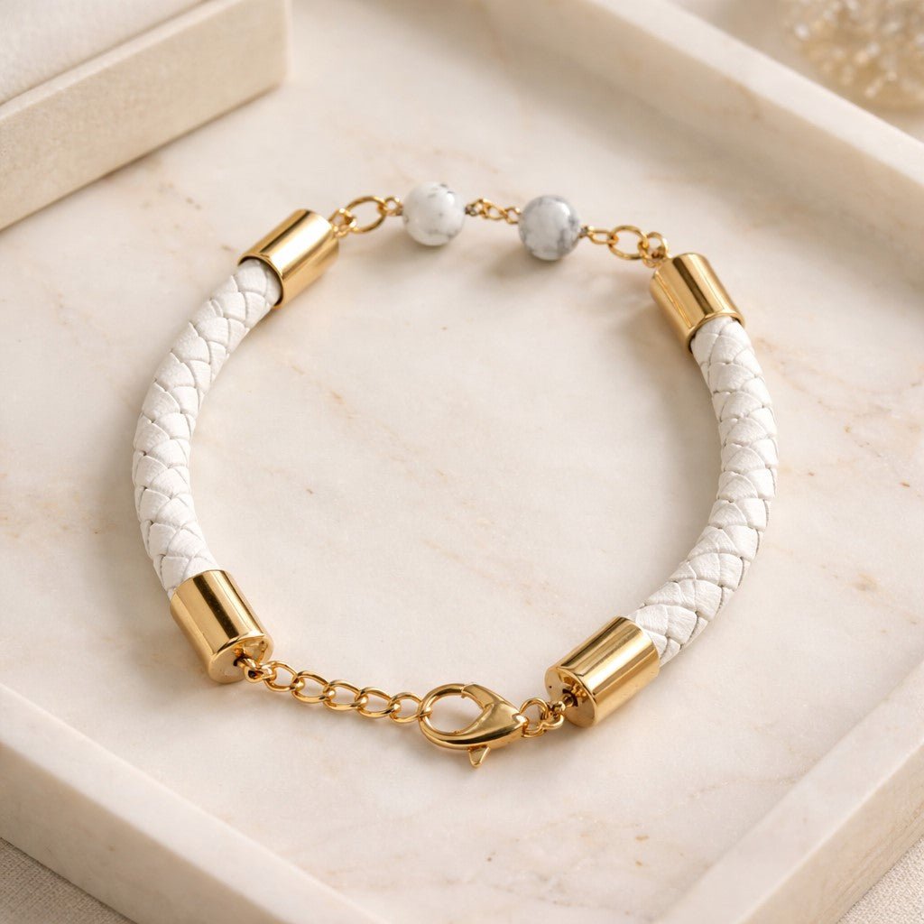 Bracelet Howlite Acier - simili cuir 6 mm