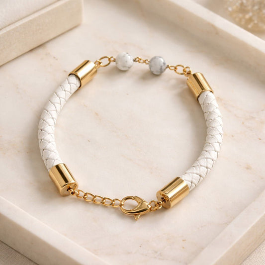 Bracelet Howlite Acier - simili cuir 6 mm