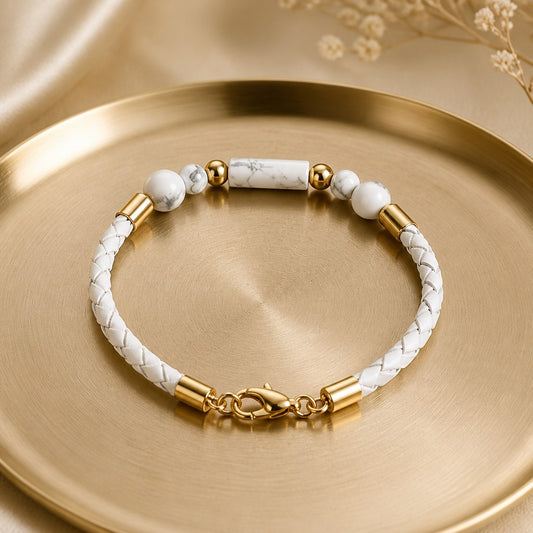 Bracelet Howlite Acier - simili cuir 3 mm