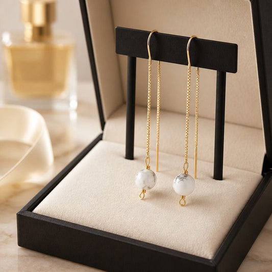 Boucles d'Oreilles Howlite - Argent 925 Plaqué Or 1 Micron