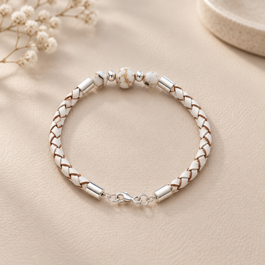 Bracelet Howlite coquillage Argent 925 simili cuir