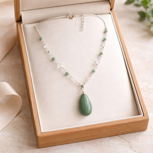 Pendentif Jade Birmanie Nephrite & Cristal de Roche Argent 925