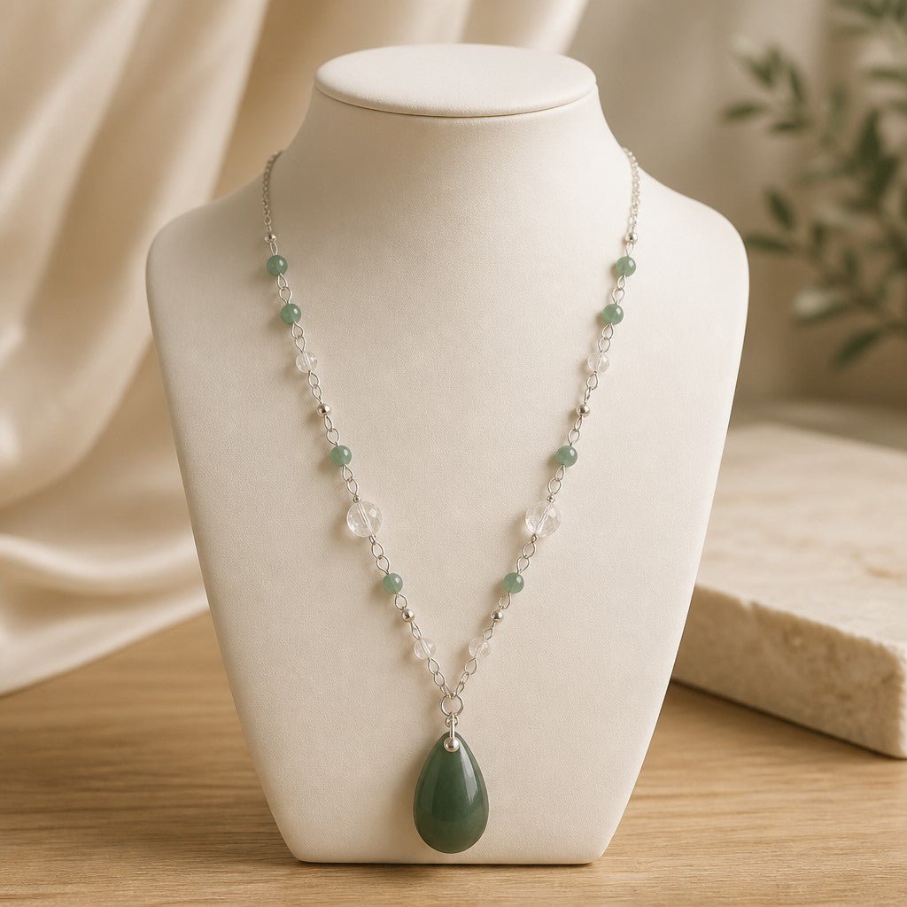 Pendentif Jade Birmanie Nephrite & Cristal de Roche Argent 925