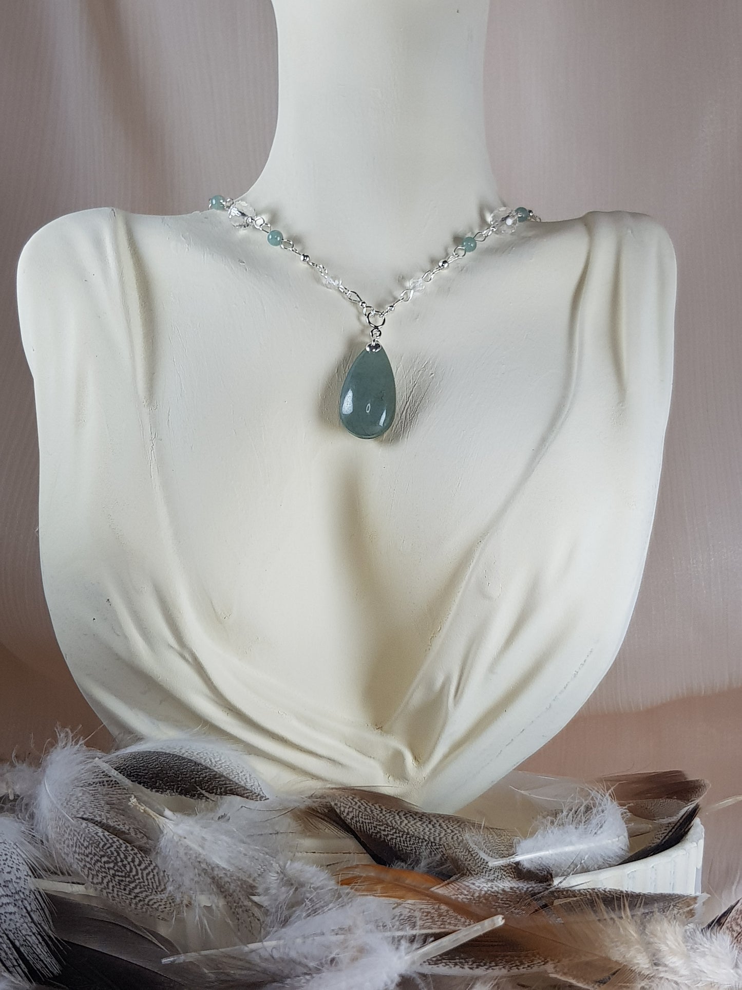 jade de Birmanie nephrite, cristal de roche argent 925